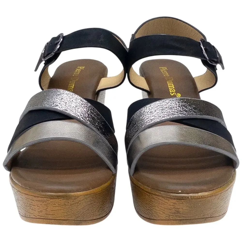 Pierre Dumas High Heel Platform Wedge Strappy Sandals Women's 6  Black Silver